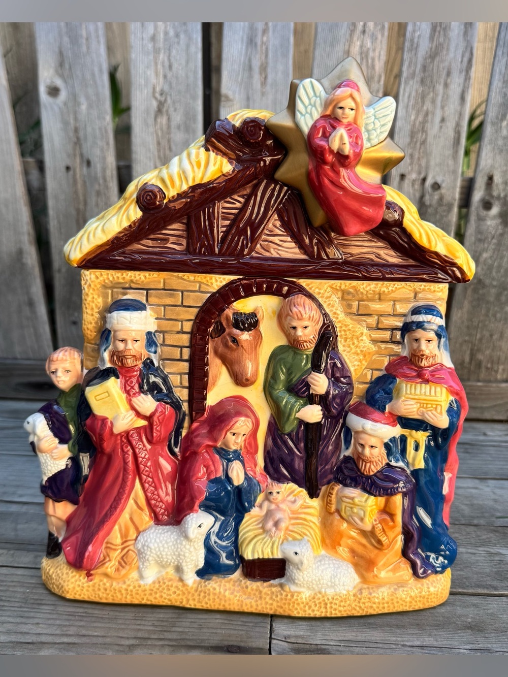 Vintage Nativity Scene Ceramic Cookie Jar with Original Box